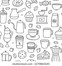 Seamless pattern of coffee time doodle. Teapots, cups, turk and sweets in sketch style.  Vector illustration