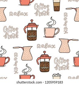Seamless pattern with coffee time symbols and handwritten phrases. Vector pattern on white background, can be used for wrapping paper, decorate coffee house, cafeteria, cafe. Vector illustration