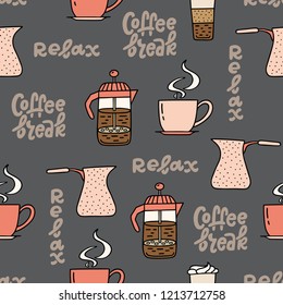 Seamless pattern with coffee time symbols and handwritten phrases. Vector pattern on dark grey background, can be used for wrapping paper, decorate coffee house, cafeteria, cafe. Vector illustration