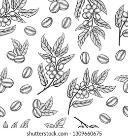 Seamless pattern with coffee tree branches with leaves and beans. Coffee grains in graphic style hand drawn. Vector illustration.