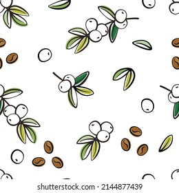 Seamless pattern from coffee tree branches with leaves and grains. Simple black line outline icon with colored blots. Natural cafe concept.