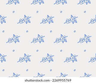 Seamless pattern of coffee tree branches and coffee beans. Line art. Vector illustration for coffee shops, cafes, and restaurants.