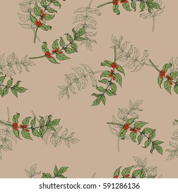 Seamless pattern with coffee tree branches on beige background. Hand drawn vector illustration.