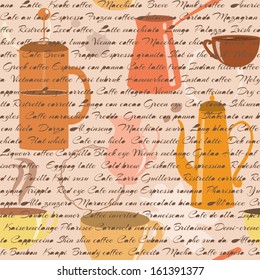 Seamless pattern with coffee types text and coffee items