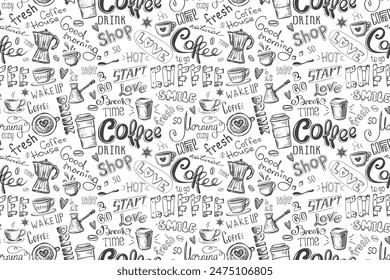 Seamless pattern with coffee. Various words, mugs and signs on coffee theme, on white background. Texture with doodle coffee symbols, decor, hand drawn wallpaper for web, print. vector illustration