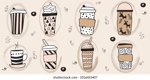 Seamless pattern of coffee, vector background. Cute beverages, hot drinks flat line icons - coffeemaker machine, beans, cup, grinder. Repeated texture for cafe menu, shop wrapping paper.