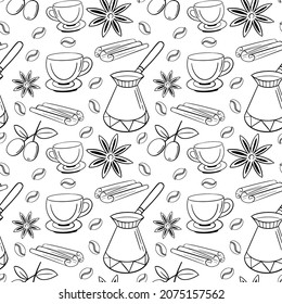 Seamless pattern of coffee, vector background. Cute beverages, hot drinks flat line icons - coffeemaker machine, beans, cup. Repeated texture for cafe menu, shop wrapping paper.