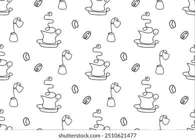 Seamless pattern of coffee, vector background. Cute beverages, hot drinks flat line icons - coffeemaker machine, beans, cup, grinder. Repeated texture for cafe menu, shop wrapping paper.
