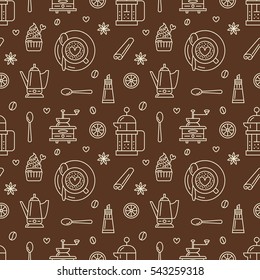 Seamless pattern of coffee, vector background. Repeated brown texture for coffee shop wrapping paper. Cute beverages, hot drinks icons, can be used for restaurant menu
