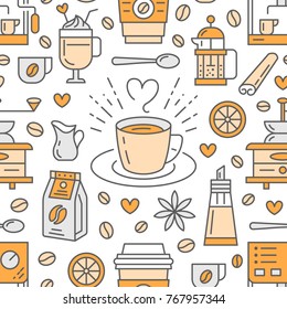 Seamless pattern of coffee, vector background. Cute beverages, hot drinks flat line icons - coffeemaker machine, beans, cup, grinder. Repeated texture for cafe menu, shop wrapping paper.