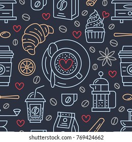 Seamless pattern of coffee, vector background. Cute beverages, hot drinks flat line icons - french press, beans, cup, grinder. Repeated texture for cafe menu, shop wrapping paper.