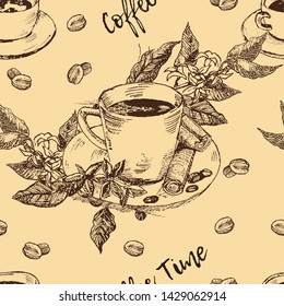 Seamless pattern coffee, vintage design, cup of coffee, coffee beans, lettering. Hand drawn image, vector illustration.