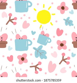 Nahtlose Muster von Kaffee, Herz, Sonne und Blumen. Handgezeichnet auf weißem Hintergrund.