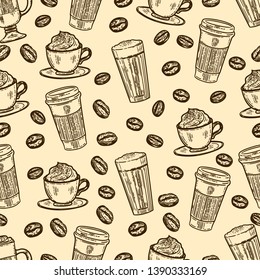 Seamless pattern of coffee.Latte, cappuccino, frappe, americano in cup for take away and coffee beans in the engraving vintage style.