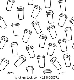 Seamless pattern with coffees cups. Ink illustration. Isolated on white background. Hand drawn black elements.