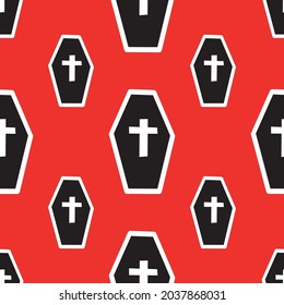 Seamless pattern with coffins and crosses on a red background. Vector illustration 