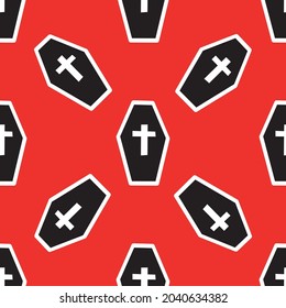 Seamless pattern with coffins and crosses on a red background. Vector illustration 