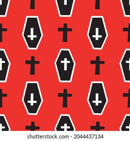 Seamless pattern with coffins and crosses on a red background. Vector illustration 