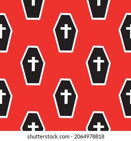 Seamless pattern with coffins and crosses on a red background. Vector illustration 