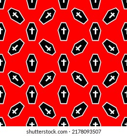 Seamless pattern with coffins on a red background. Vector illustration 