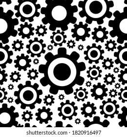 Seamless pattern with cogwheels. Black and white. Abstract geometric gear texture. Simple flat style. Technology and mechanics. For textile, wrapping paper, scrapbooking, interface design, wallpaper