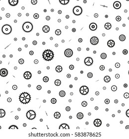 Seamless pattern of cogwheels parts of watch movement. Details clockwork. Motif for background, postcard,  icon, napkins, fabric, textile, insignia, badges, wallpaper, template, pack, paper, poster.