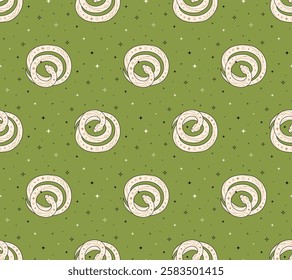 Seamless pattern of coiled snake on green background.. Perfect for fabric design, packaging, astrology, wrapping paper. Vector Illustration in flat style