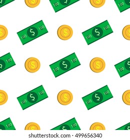 Seamless pattern. Coins and bills. Money. Flat design.