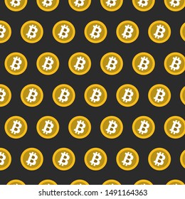 Seamless pattern from coins bitcoin on a black background. Mining of crypto-currencies. Vector illustration.