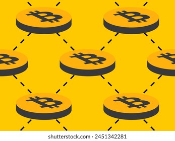 Seamless pattern with coins with Bitcoin symbol. 3D bitcoin coin in gold color. Bitcoin cryptocurrency, crypto trading. Design of wallpapers, banners and posters. Vector illustration