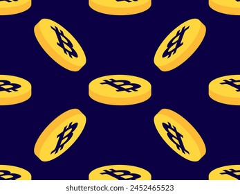 Patrón sin fisuras con monedas con símbolo de Bitcoin. Moneda bitcoin 3D en color oro. Bitcoin criptomoneda, comercio de criptomonedas. Diseño de Fondos de pantalla, Anuncios y carteles. Ilustración vectorial
