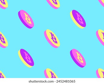 Nahtloses Muster mit Münzen mit Bitcoin-Symbol. 3D Bitcoin Münze in rosa, gelb und lila Farben. Bitcoin Kryptowährung, Krypto-Handel. Design von Bildschirmhintergrund, Banner und Poster. Vektorillustration