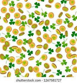 Seamless pattern coins with the image of a leaf clover and green leaves of clover.. Vector Illustration of a St. Patrick s Day Background.