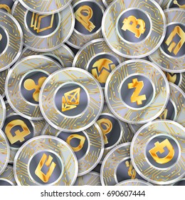 Seamless pattern with a lot of coins with microchip pattern and most popylar cryptocurrency signs like- Bitcoin, Ethereum, Ripple, Litecoin, Peercoin, NXT, Namecoin, Stratis, Dash, Dogecoin and Zcash