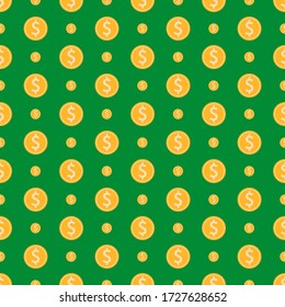 Seamless pattern of coins on a green background.