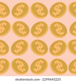 Seamless pattern with coins on a pale pink background.vector illustration.wallpaper.