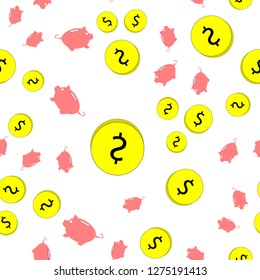 Seamless pattern of coins and piggy banks. Vector illustration on white background.