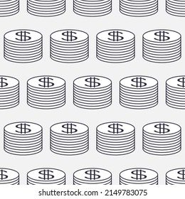 Seamless pattern of coins in a stack. Dollar cash sign. Vector currency money symbol. Business finance illustration