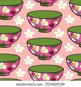 Seamless pattern. Cold beet soup plate pattern with egg, fresh herbs, cucumber and herbs. Isolated on pink background with white flowers.