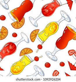 Seamless pattern of cold cocktail with ice on a white background. Wallpaper for the invitation, menu, advertising cocktail party. Summer drink with strawberry, cherry, orange slices. Hand drawn.Vector