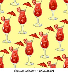 Seamless pattern cold cocktail on a yellow background. Summer drink with ice. Vector illustration for a cocktail party. Hand drawing. Red cocktail with a slice of strawberry and an umbrella.