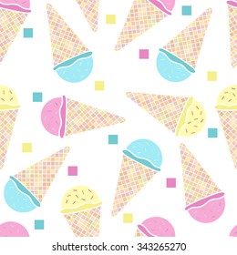 Seamless pattern with cold ice cream cones and confetti. Sweet delicious dessert background. Vector hot summer illustration.