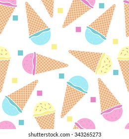 Seamless pattern with cold ice cream cones and confetti. Sweet delicious dessert background. Vector hot summer illustration.