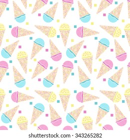 Seamless pattern with cold ice cream cones and confetti. Sweet delicious dessert background. Vector hot summer illustration.