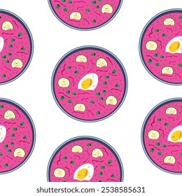 Seamless pattern. Cold pink beet soup plates with egg, fresh herbs, cucumber and herbs. Isolated on white background.