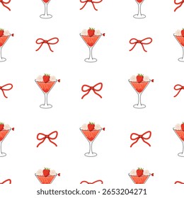 Seamless pattern of cold summer drink and red bow ribbon. Backdrop with strawberry cocktail decorated flowers. Sweet refreshment beverage. Flat design vector background