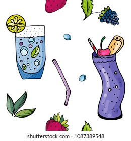 Seamless pattern with cold summer drinks.  Different cold drinks. 