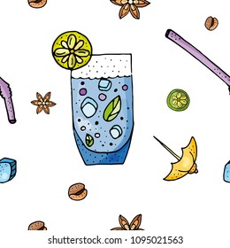 Seamless pattern with cold summer drinks. 