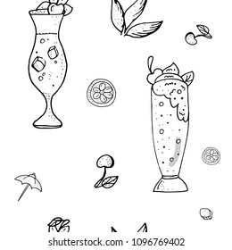 Seamless pattern with cold summer drinks. Black and white contour monochrome.