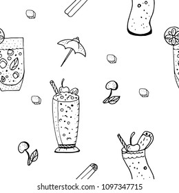 Seamless pattern with cold summer drinks. Black and white contour monochrome.